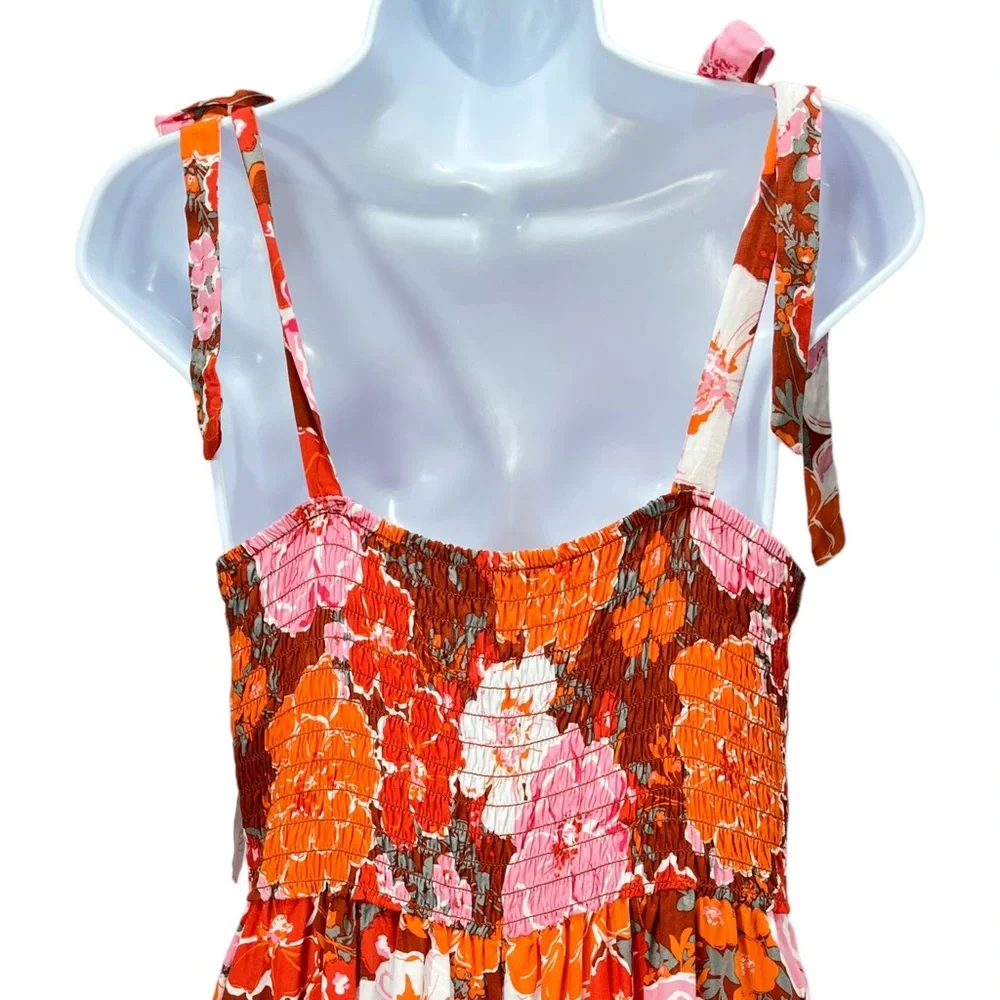 AUW Women’s Large Orange & Pink Floral Wide‎ Leg Pants Jumpsuit Tie Straps Boho